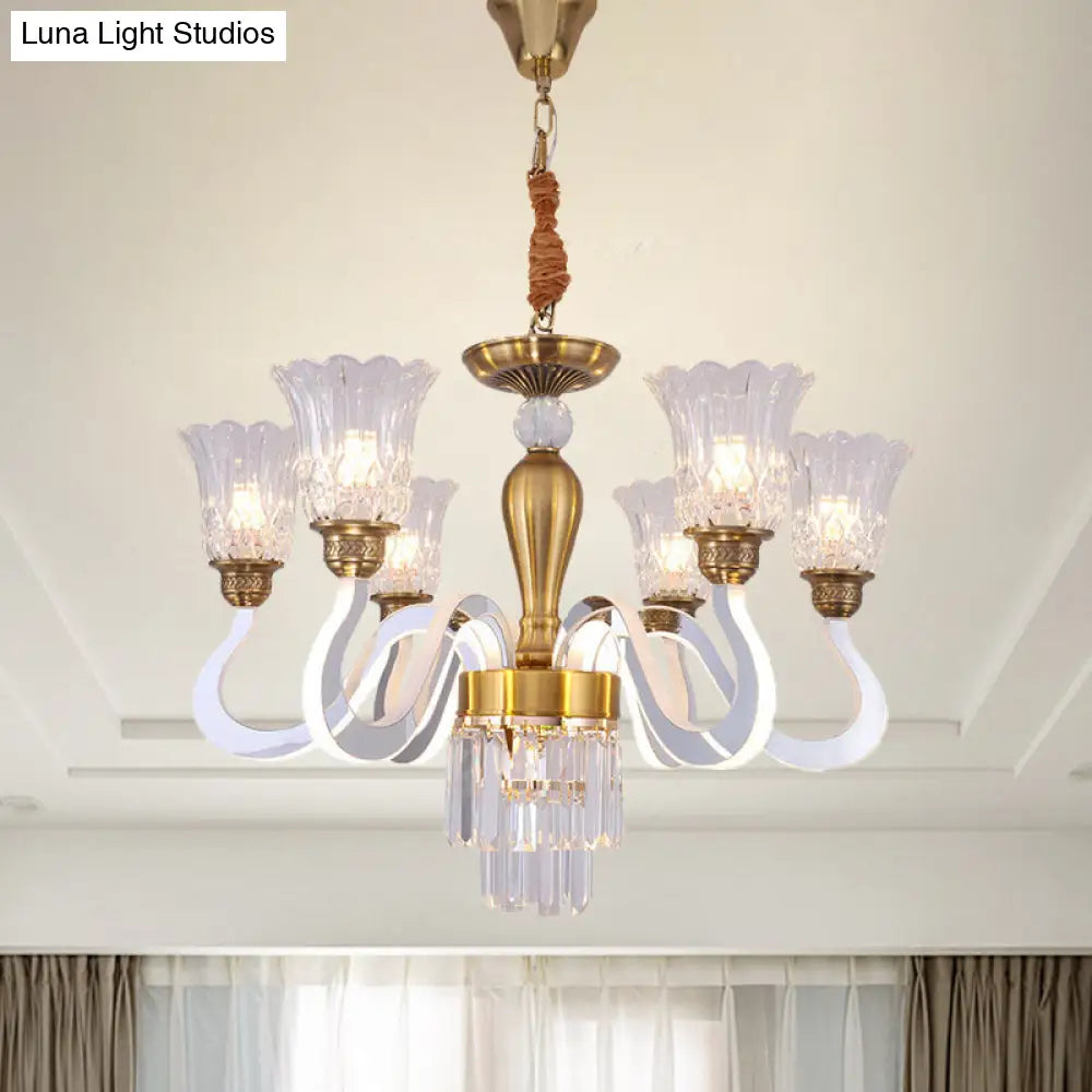 Modern 6-Head Flower Crystal Ceiling Lamp With Acrylic Arm For Dining Room Chandelier