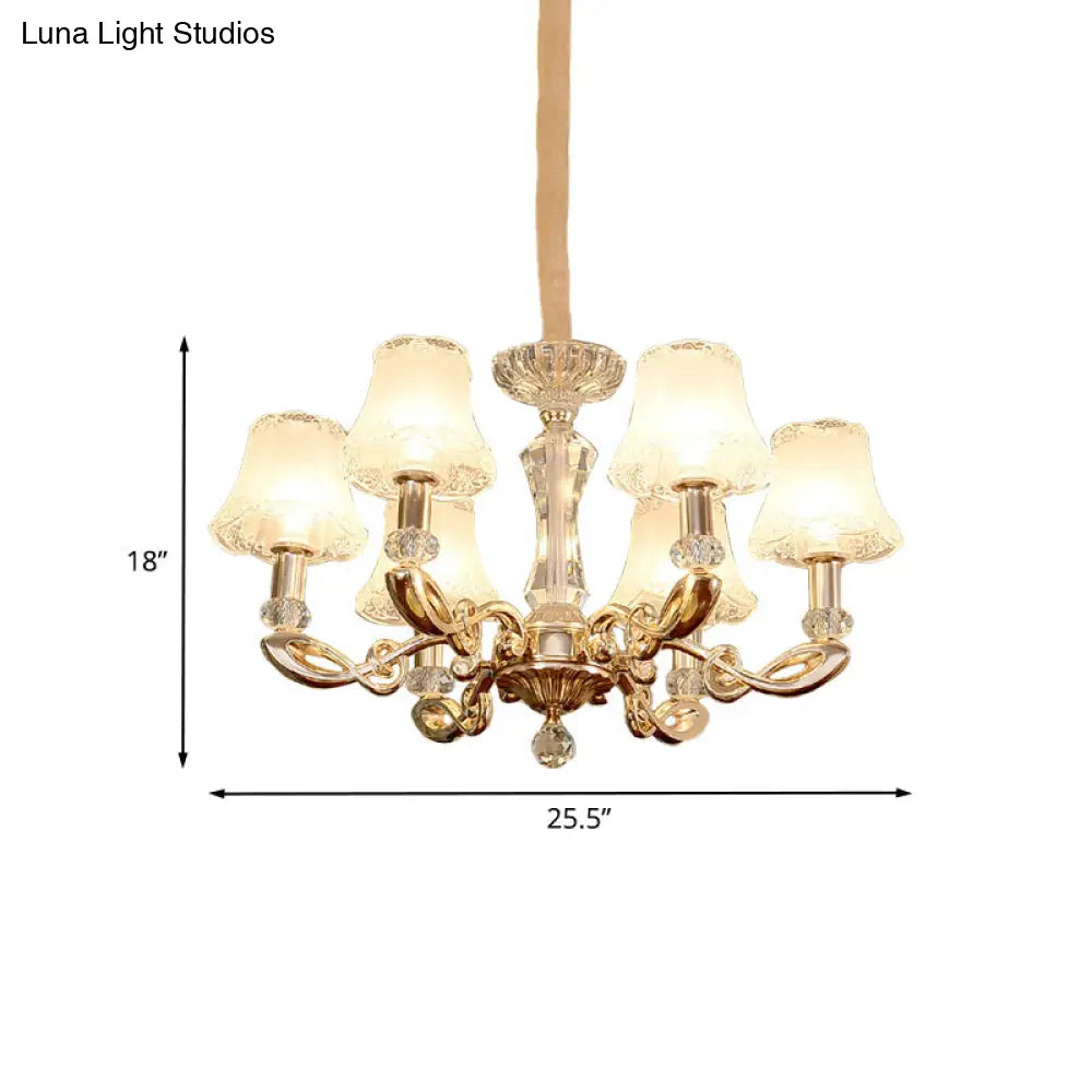 Modern 6-Head Gold Dining Room Chandelier With Crystal Accents - Milky Glass Bell Suspension Lamp