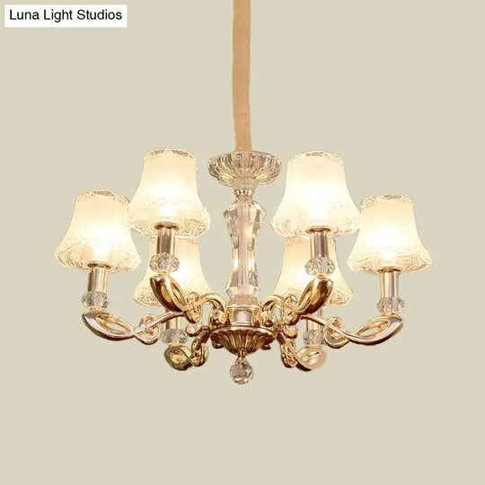 Modern 6-Head Gold Dining Room Chandelier With Crystal Accents - Milky Glass Bell Suspension Lamp