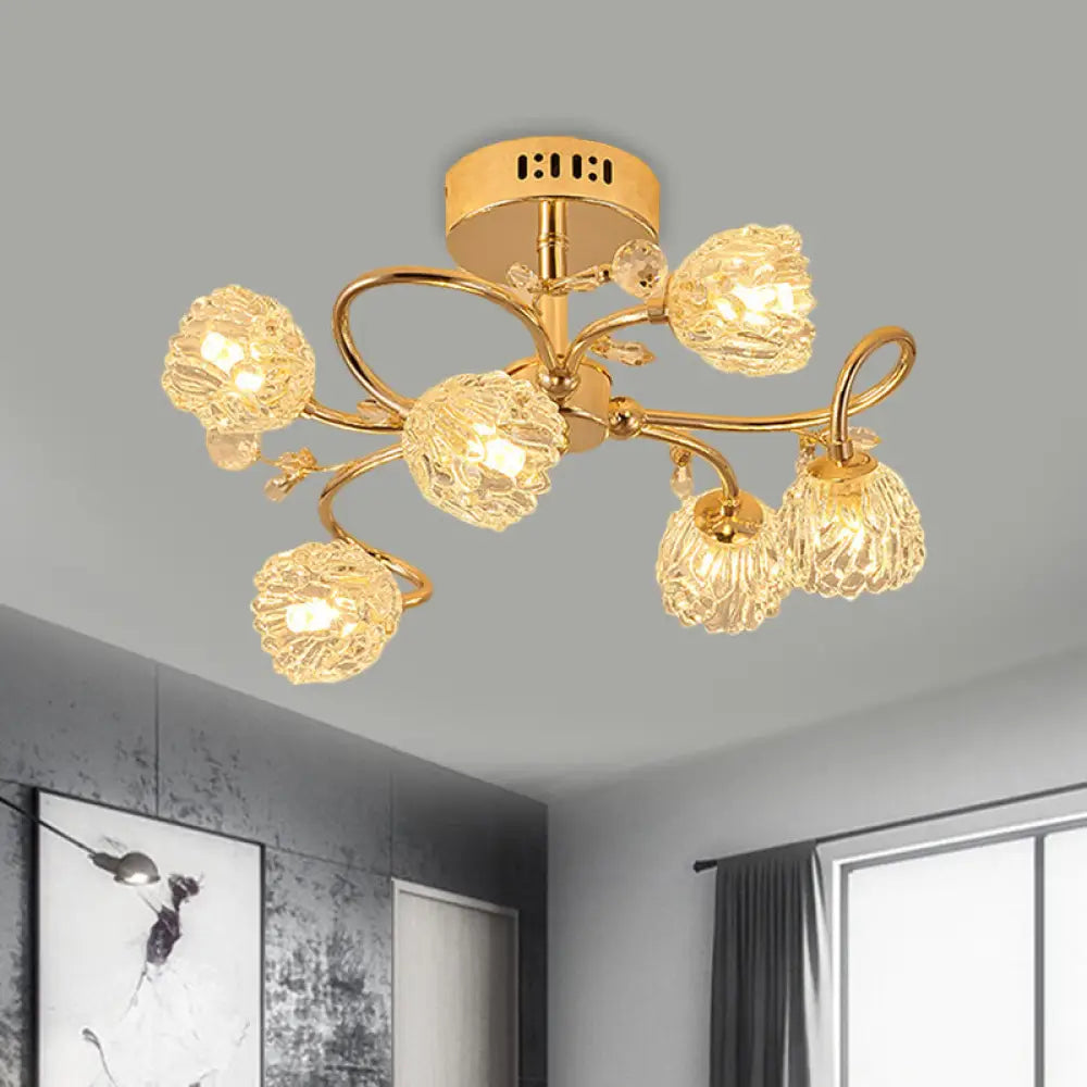 Modern 6 - Head Gold Flower Ceiling Light With Crystal Shade
