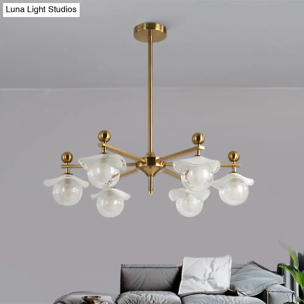 Modern 6-Head Gold Radial Led Chandelier Pendant Light With Clear Glass Globe And Wave Cap