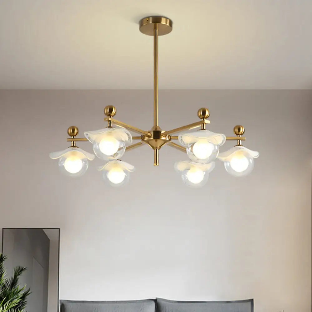 Modern 6-Head Gold Radial Led Chandelier Pendant Light With Clear Glass Globe And Wave Cap