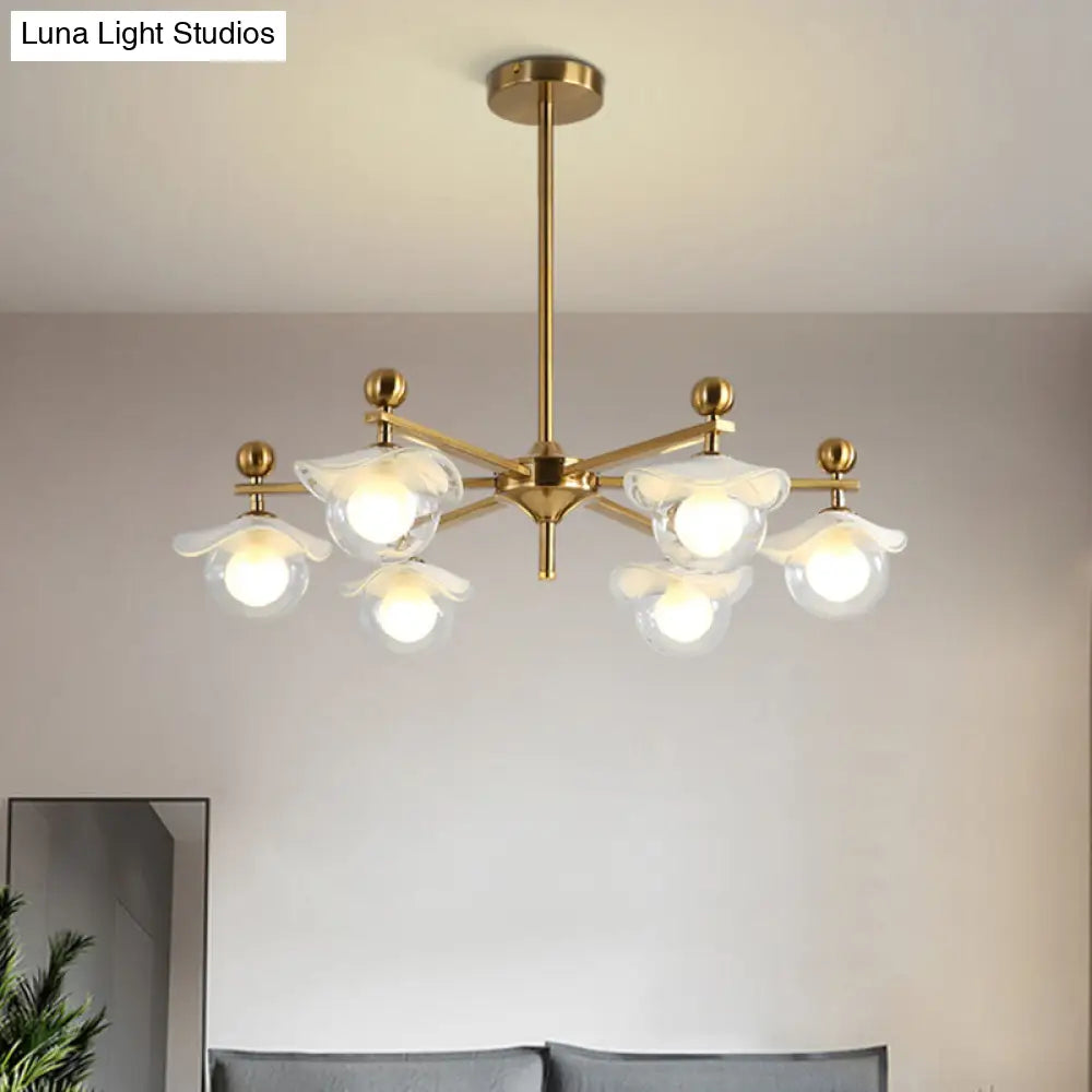 Modern 6-Head Gold Radial Led Chandelier With Clear Glass Globe Pendant