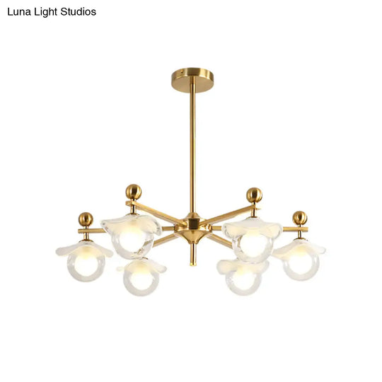 Modern 6-Head Gold Radial Led Chandelier Pendant Light With Clear Glass Globe And Wave Cap