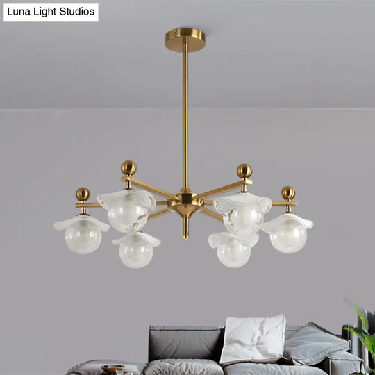 Modern 6-Head Gold Radial Led Chandelier With Clear Glass Globe Pendant