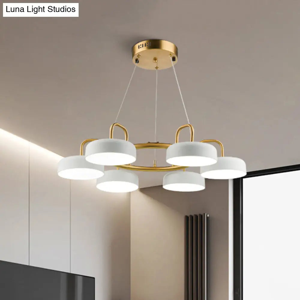 Modernist 6-Head Led Ring Chandelier In White And Gold With Metallic Drum Pendant Light Fixture