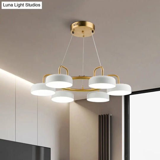 Modernist 6-Head Led Ring Chandelier In White And Gold With Metallic Drum Pendant Light Fixture