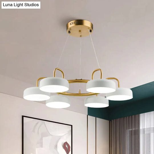 Modernist 6-Head Led Ring Chandelier In White And Gold With Metallic Drum Pendant Light Fixture