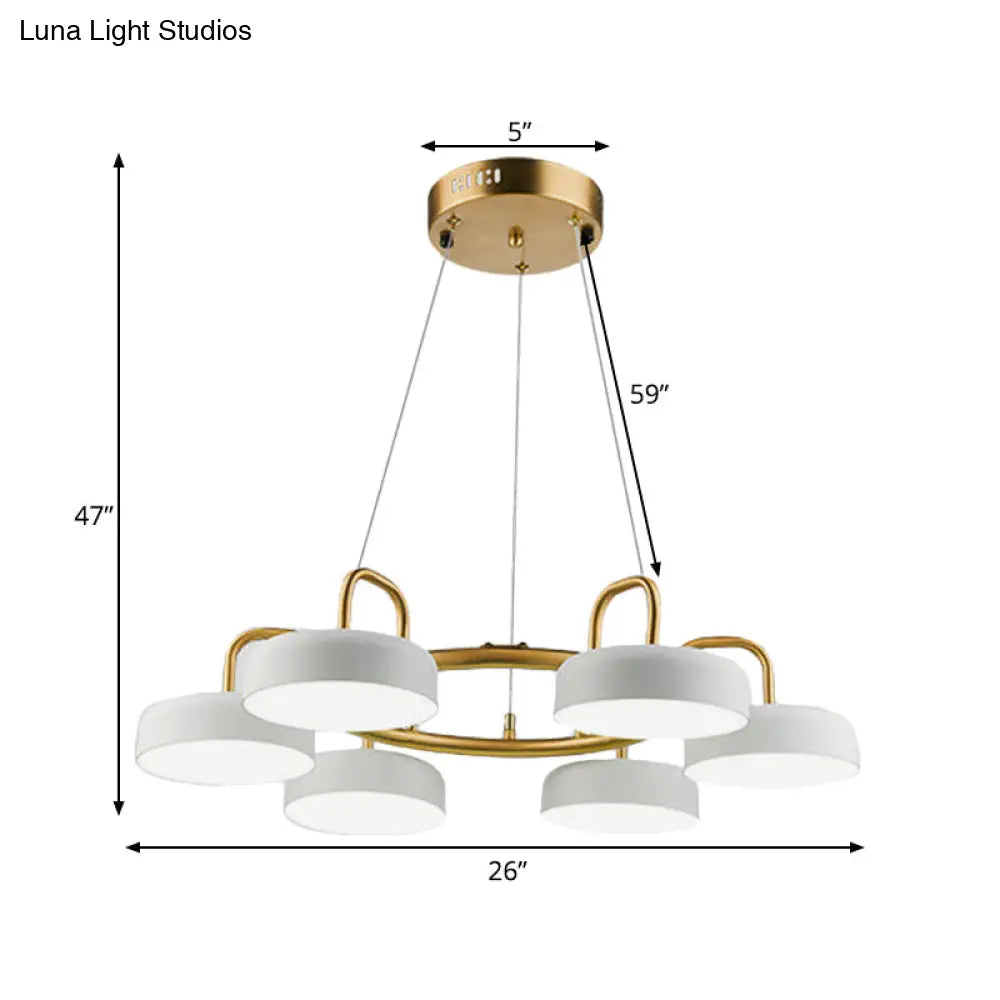 Modernist 6-Head Led Ring Chandelier In White And Gold With Metallic Drum Pendant Light Fixture