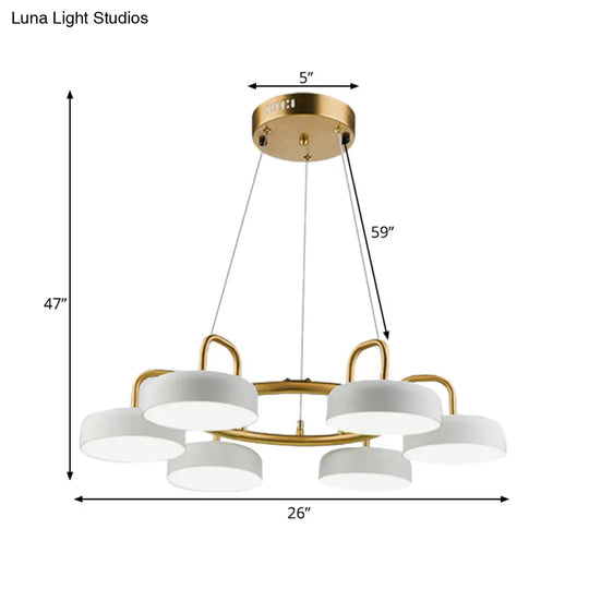 Modern 6-Head Led Chandelier: Metallic Drum Pendant In White & Gold