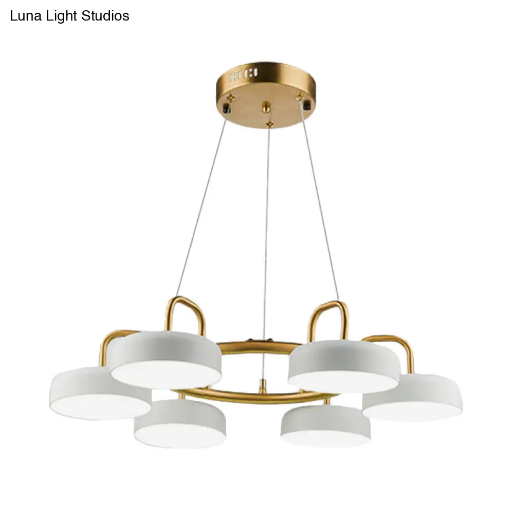 Modern 6-Head Led Chandelier: Metallic Drum Pendant In White & Gold