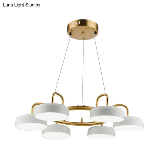 Modern 6-Head Led Chandelier: Metallic Drum Pendant In White & Gold