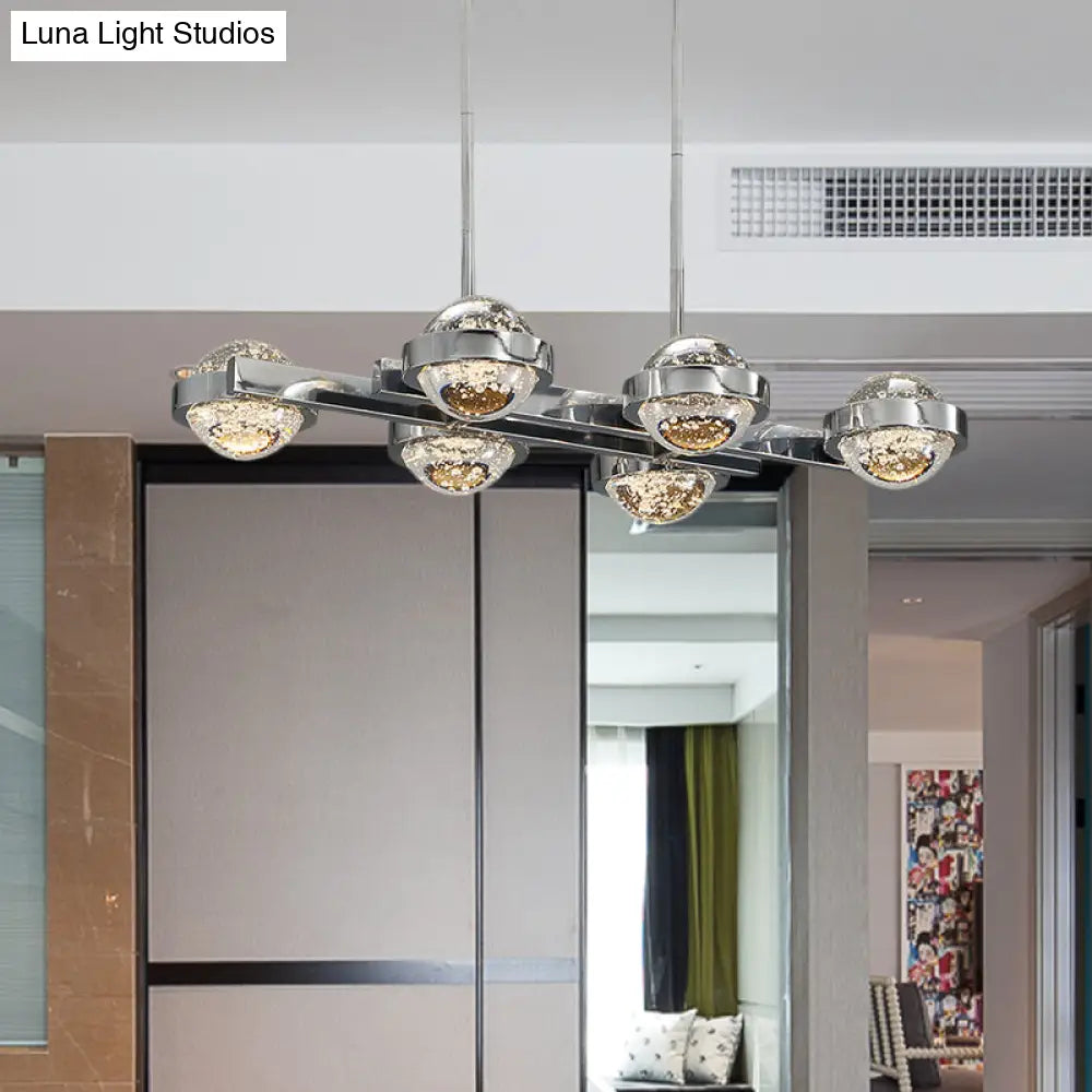 Modern 6-Head Led Island Lamp With Chrome/Gold Finish & Seedy Crystal Ball - Perfect Over Dining