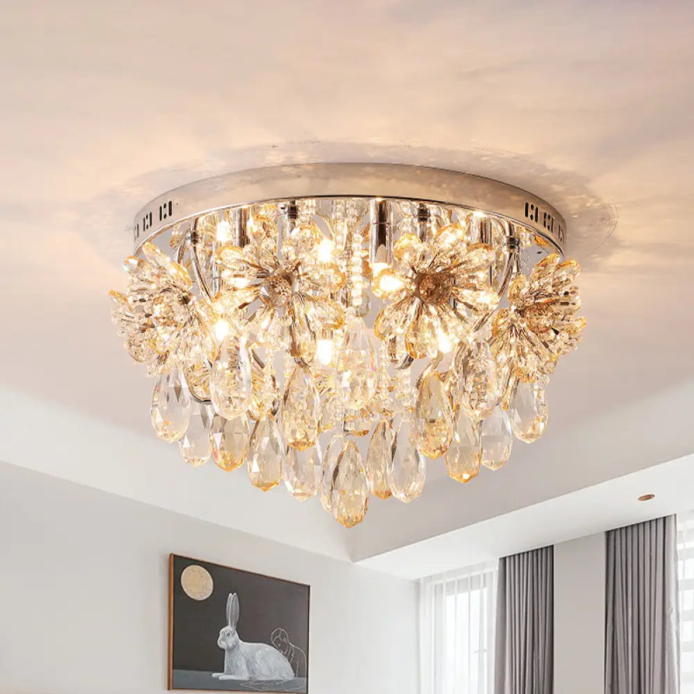 Modern 6-Light Crystal Fringe Flushmount Ceiling Light In Chrome - Ideal For Dining Room Nickel