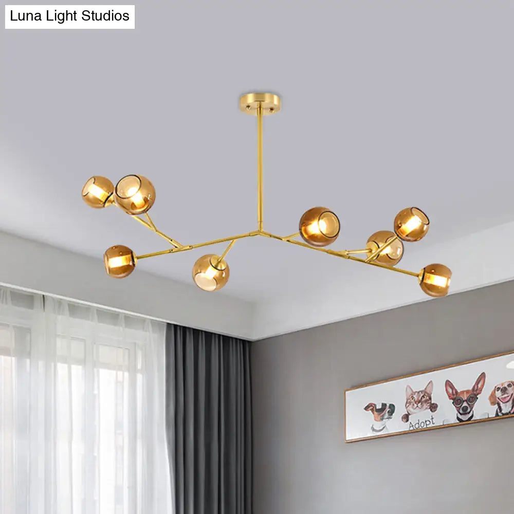 8-Bulb Branch Pendant Chandelier With Amber Glass Shade - Modern Brass Ceiling Fixture For Living