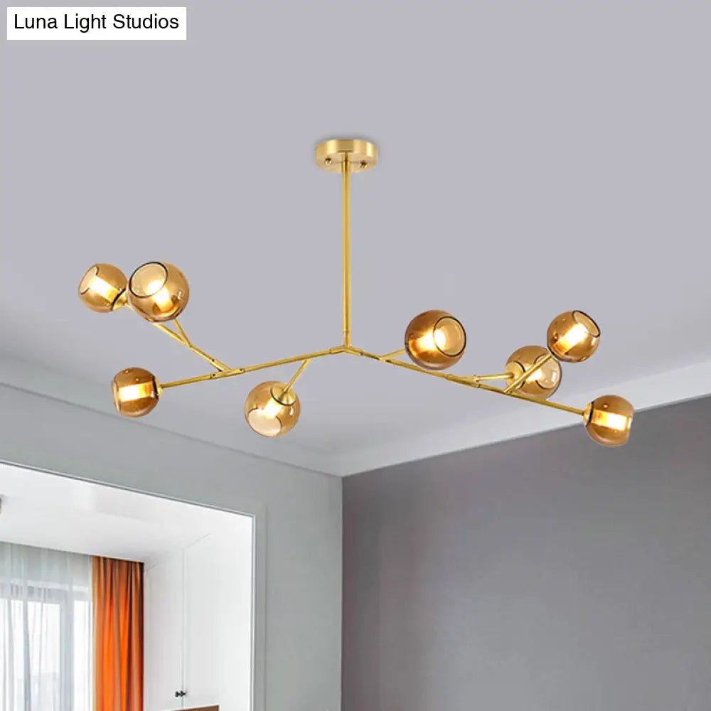 Modern 8-Bulb Brass Chandelier Ceiling Light With Amber Glass Shades