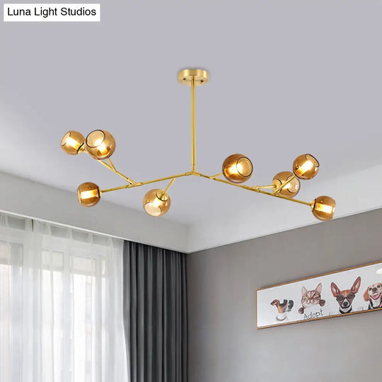 Modern 8-Bulb Brass Chandelier Ceiling Light With Amber Glass Shades