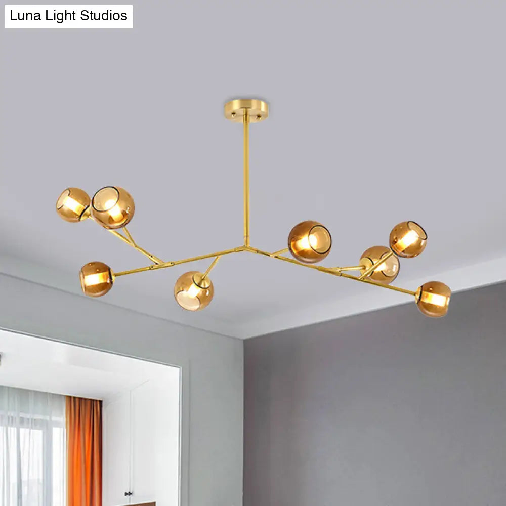 8-Bulb Branch Pendant Chandelier With Amber Glass Shade - Modern Brass Ceiling Fixture For Living