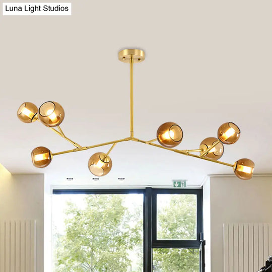 8-Bulb Branch Pendant Chandelier With Amber Glass Shade - Modern Brass Ceiling Fixture For Living