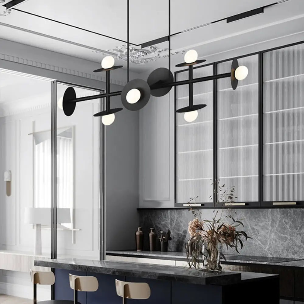 Modern 8-Head Black Ceiling Light Fixture For Kitchen: White Glass Orbit Island Pendant