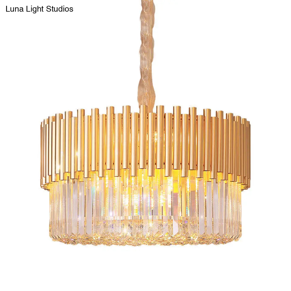 Modern Gold Drum Chandelier With Beveled Glass Crystal And Led Lights - Ideal For Restaurants