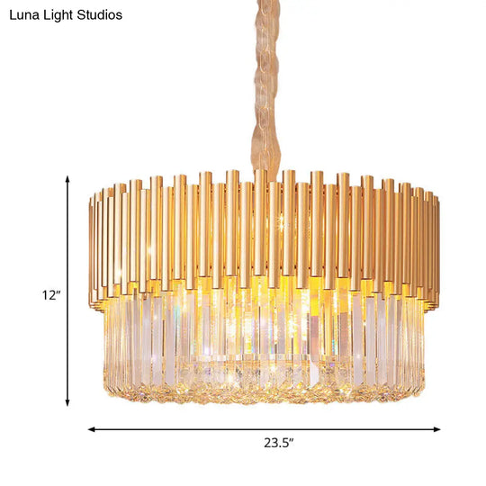 Modern Gold Drum Chandelier With Beveled Glass Crystal And Led Lights - Ideal For Restaurants