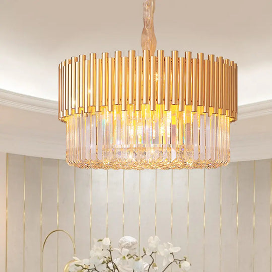 Modern 8-Head Gold Drum Chandelier: Beveled Glass Crystal Led Pendant Light For Restaurants