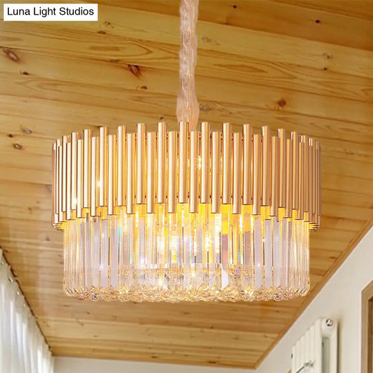 Modern Gold Drum Chandelier With Beveled Glass Crystal And Led Lights - Ideal For Restaurants