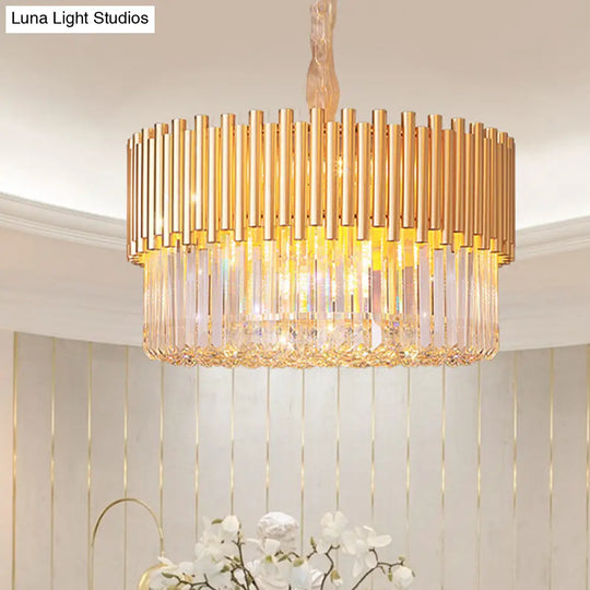 Modern Gold Drum Chandelier With Beveled Glass Crystal And Led Lights - Ideal For Restaurants