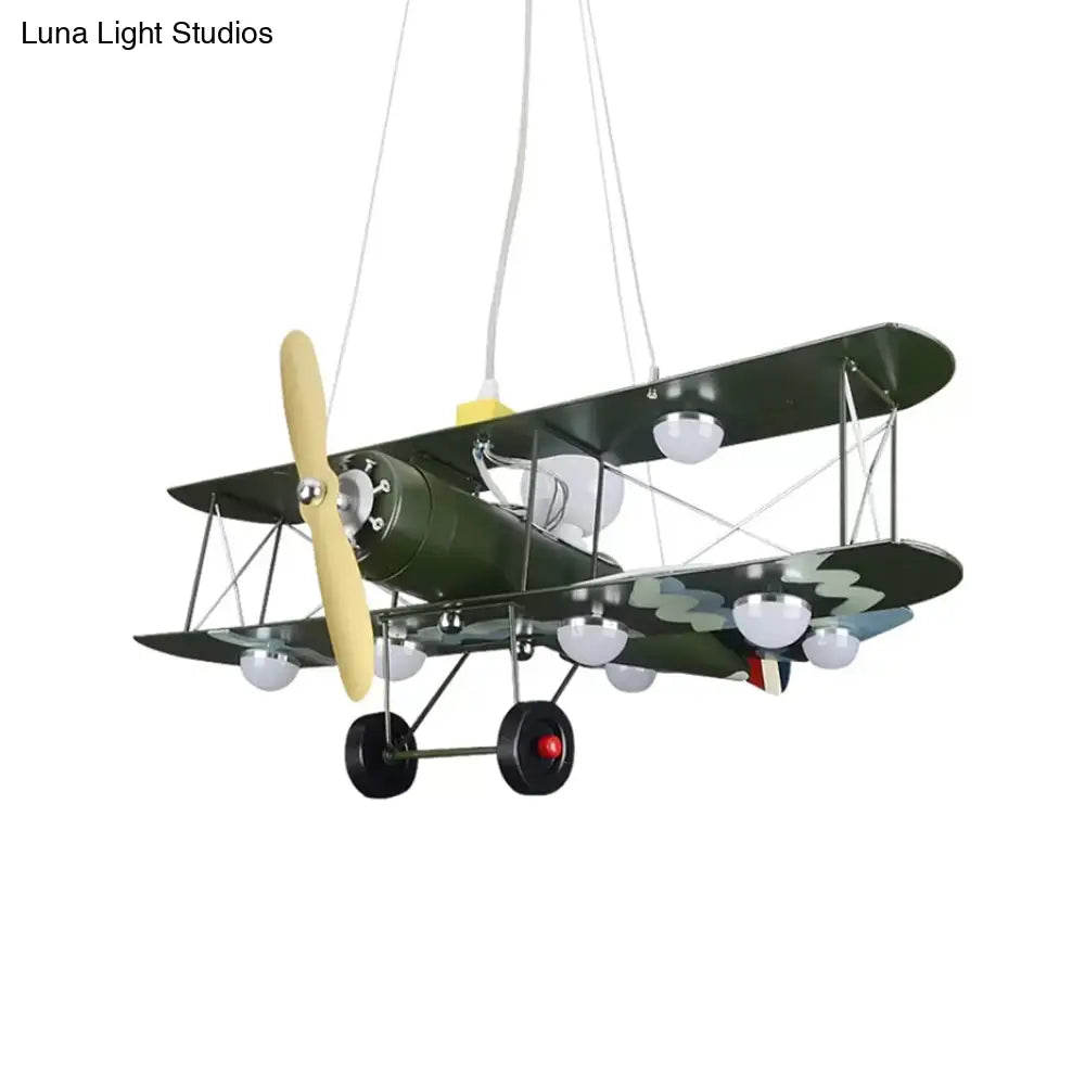 Modern 8-Light Biplane Chandelier For Boys Room - Large Hanging Light Fixture With Milk Glass Shade