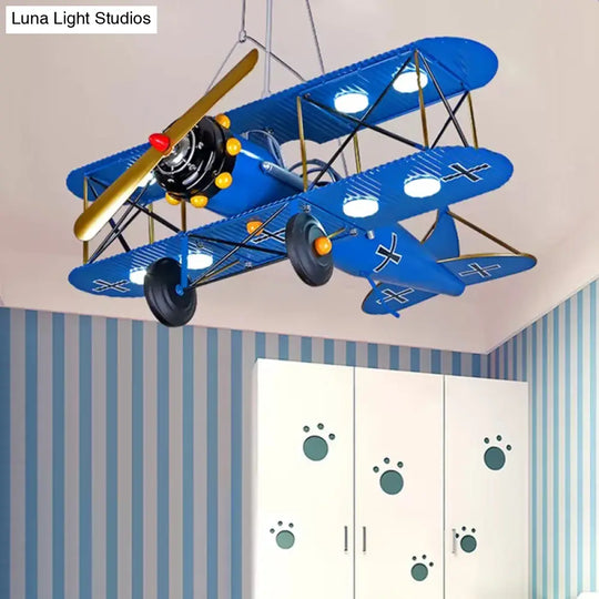 Modern 8-Light Biplane Chandelier For Boys Room - Large Hanging Light Fixture With Milk Glass Shade