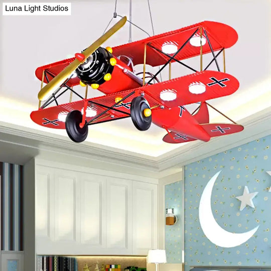 Modern 8-Light Biplane Chandelier For Boys Room - Large Hanging Light Fixture With Milk Glass Shade