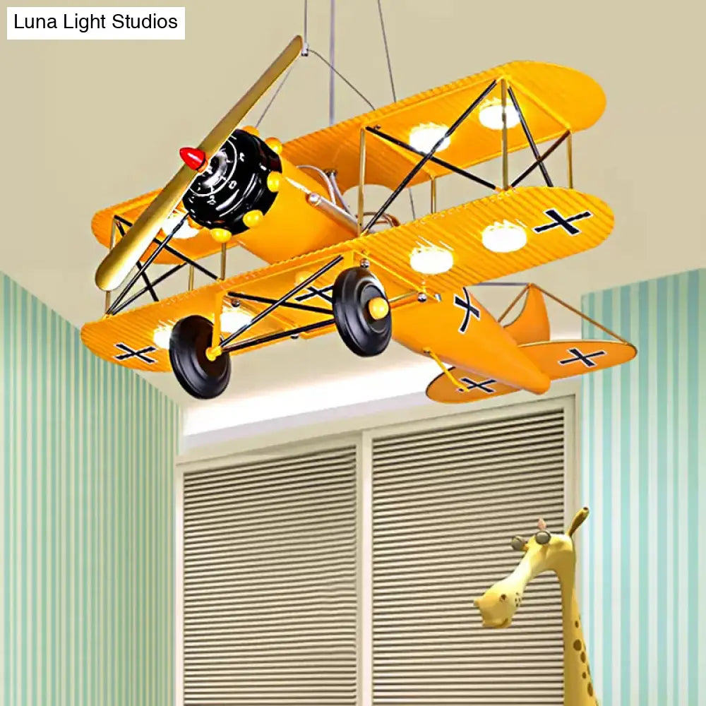 Modern 8-Light Biplane Chandelier For Boys Room - Large Hanging Light Fixture With Milk Glass Shade