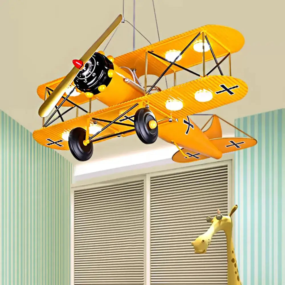 Modern 8-Light Biplane Chandelier For Boys Room - Large Hanging Light Fixture With Milk Glass Shade