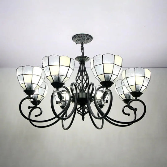 Modern 8-Light Bowl Chandelier With Black Tiffany Curved Arm - White Pendant Light For Hall