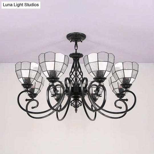 Modern 8-Light Bowl Chandelier With Black Tiffany Curved Arm - White Pendant Light For Hall