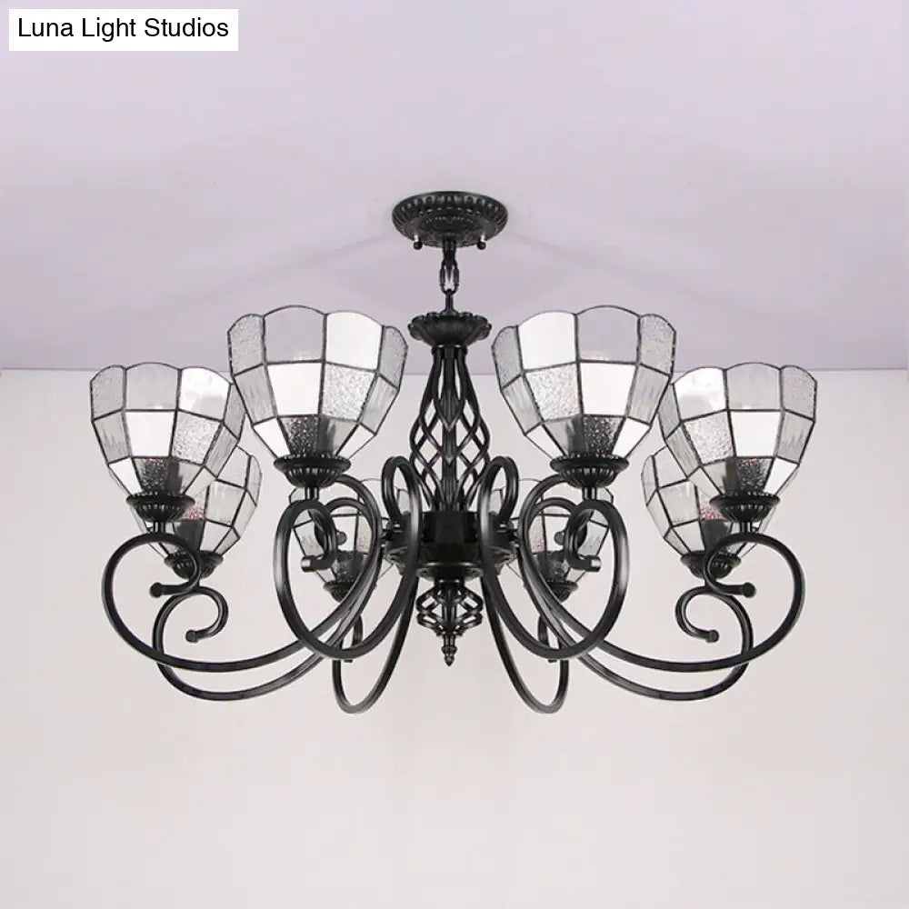 Tiffany 8-Light Bowl Hanging Chandelier With Curved Black Arm - White Indoor Pendant For Hall