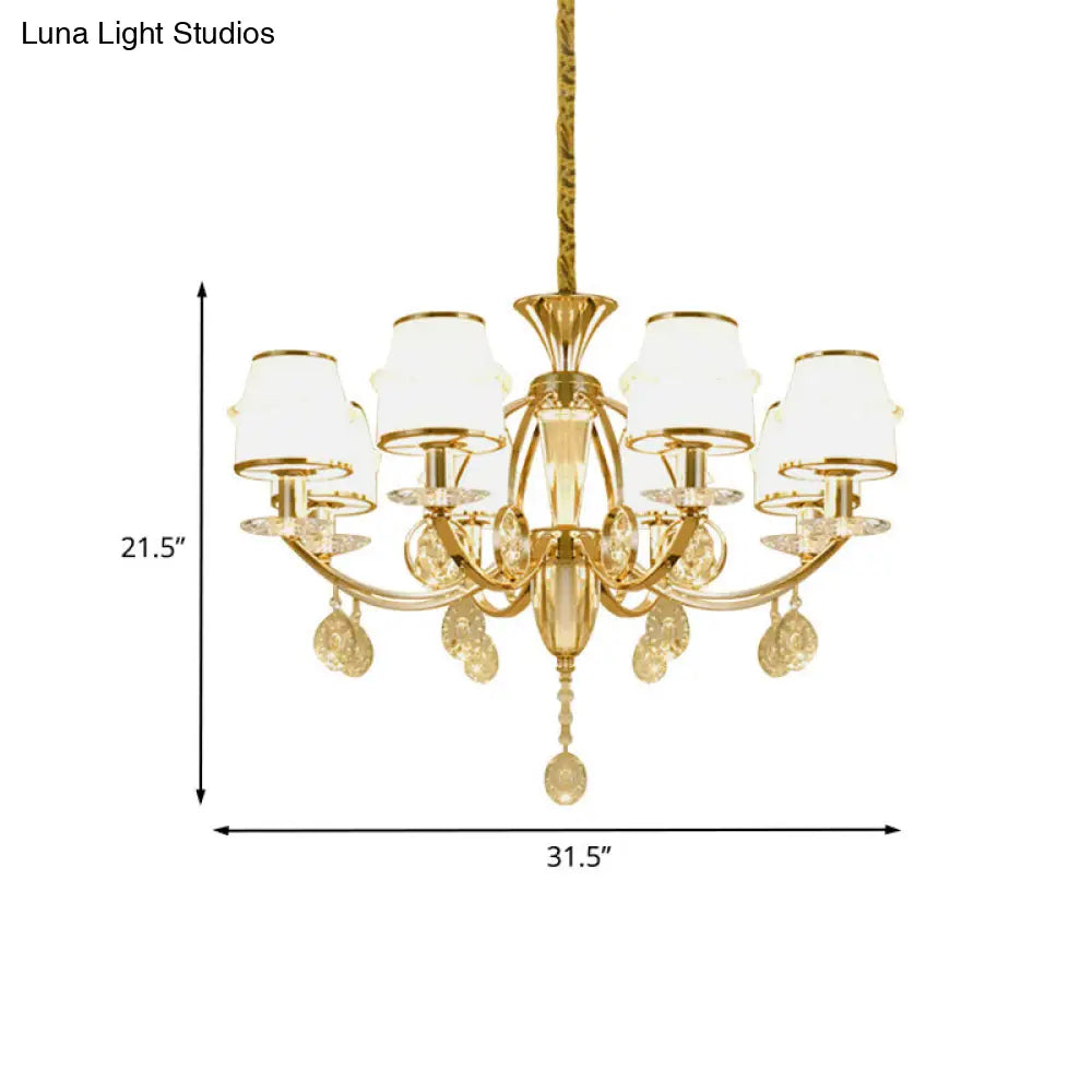 Modern Gold Cut Crystal 8-Light Conical Chandelier With White Glass Shade - Perfect For Living Rooms