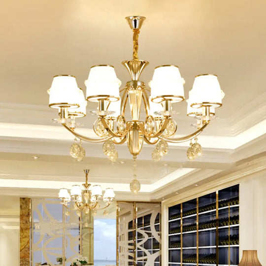 Modern 8-Light Gold Chandelier With White Glass Shade - Cut Crystal Hanging Lamp