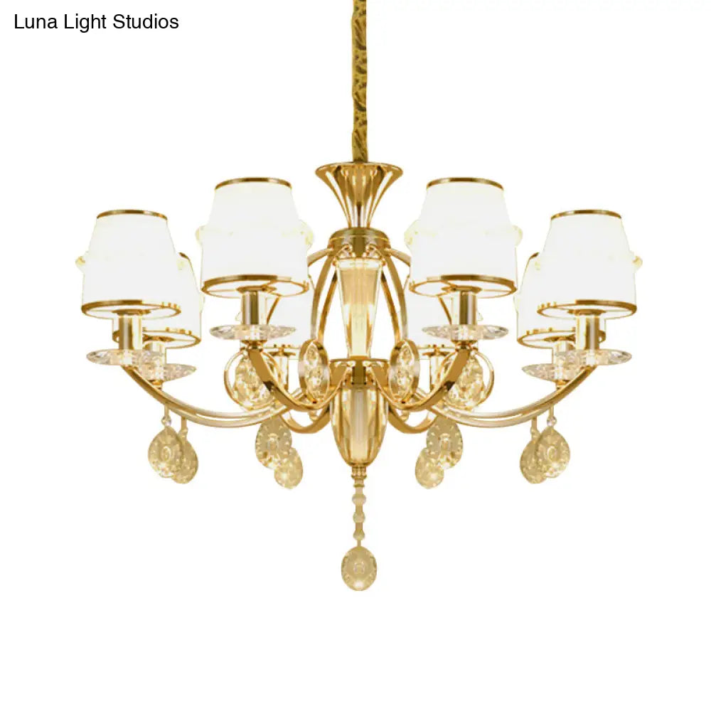 Modern 8-Light Gold Chandelier With White Glass Shade - Cut Crystal Hanging Lamp