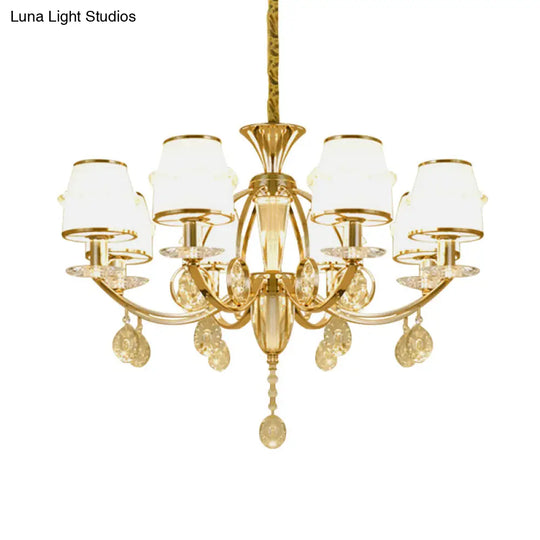 Modern 8-Light Gold Chandelier With White Glass Shade - Cut Crystal Hanging Lamp