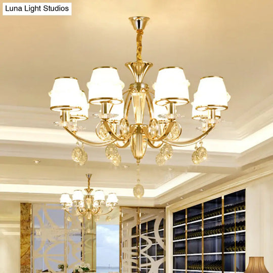 Modern Gold Cut Crystal 8-Light Conical Chandelier With White Glass Shade - Perfect For Living Rooms