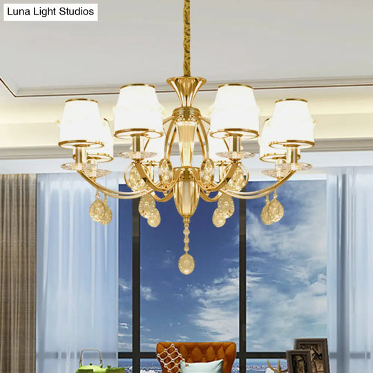 Modern 8-Light Gold Chandelier With White Glass Shade - Cut Crystal Hanging Lamp