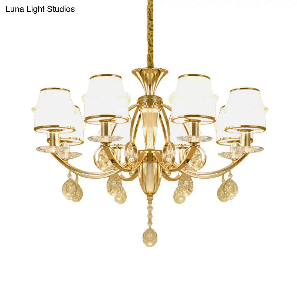 Modern Gold Cut Crystal 8-Light Conical Chandelier With White Glass Shade - Perfect For Living Rooms