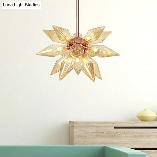 Modernist Amber Glass Diamond Chandelier With 9/12 Rose Gold Pendant Lights For Living Room Ceiling