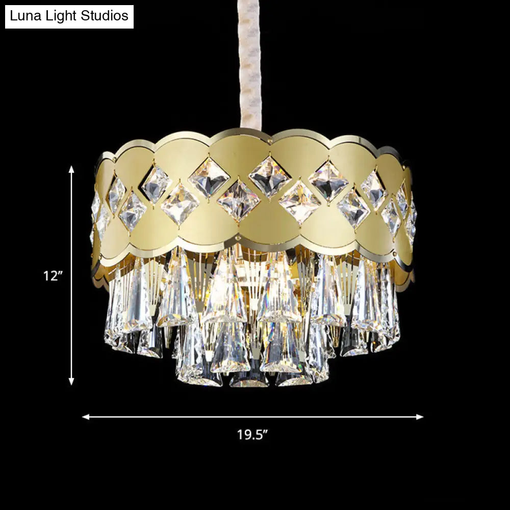 Modern 9-Head Drum Chandelier With Gold Finish Clear Crystal Drops - Great Room Pendant Lighting