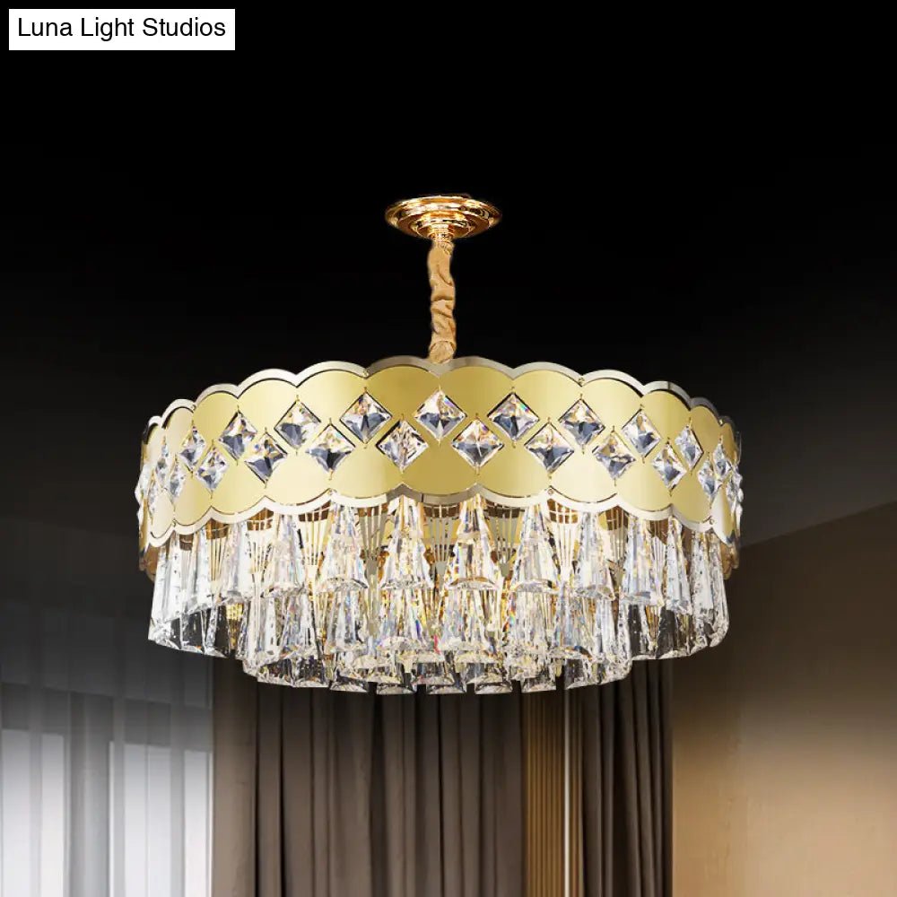 Modern 9-Head Drum Chandelier With Gold Finish Clear Crystal Drops - Great Room Pendant Lighting