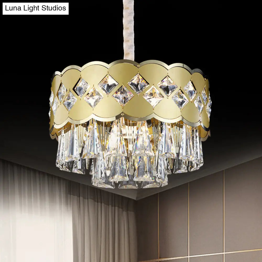 Modern Gold Finish Drum Chandelier With Clear Crystal Drops - 9 Heads Great Room Pendant Lighting