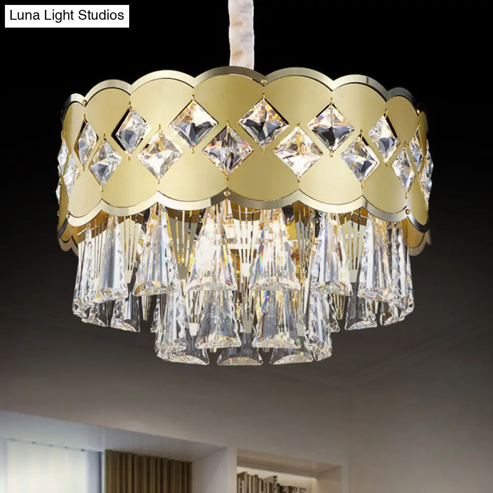 Modern Gold Finish Drum Chandelier With Clear Crystal Drops - 9 Heads Great Room Pendant Lighting