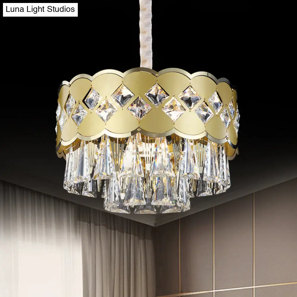 Modern 9-Head Drum Chandelier With Gold Finish Clear Crystal Drops - Great Room Pendant Lighting